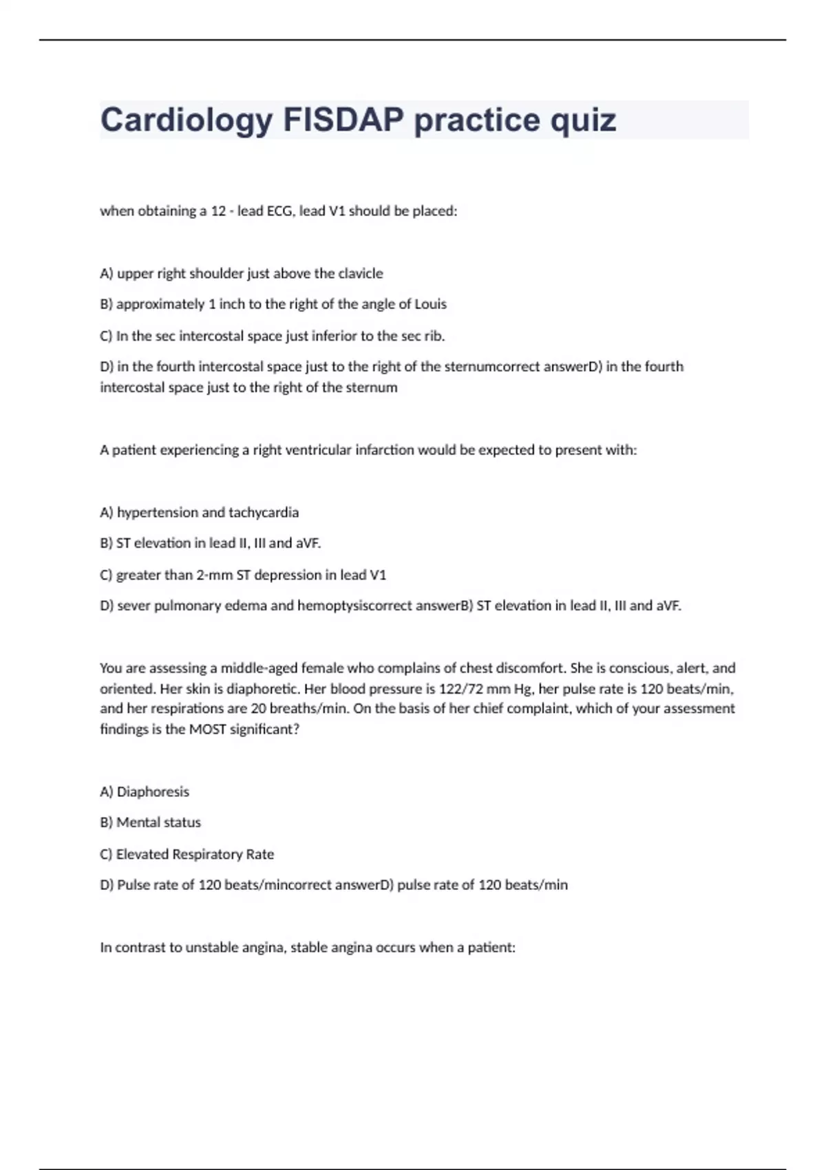Cardiology FISDAP practice quiz with correct answers - Cardiology ...