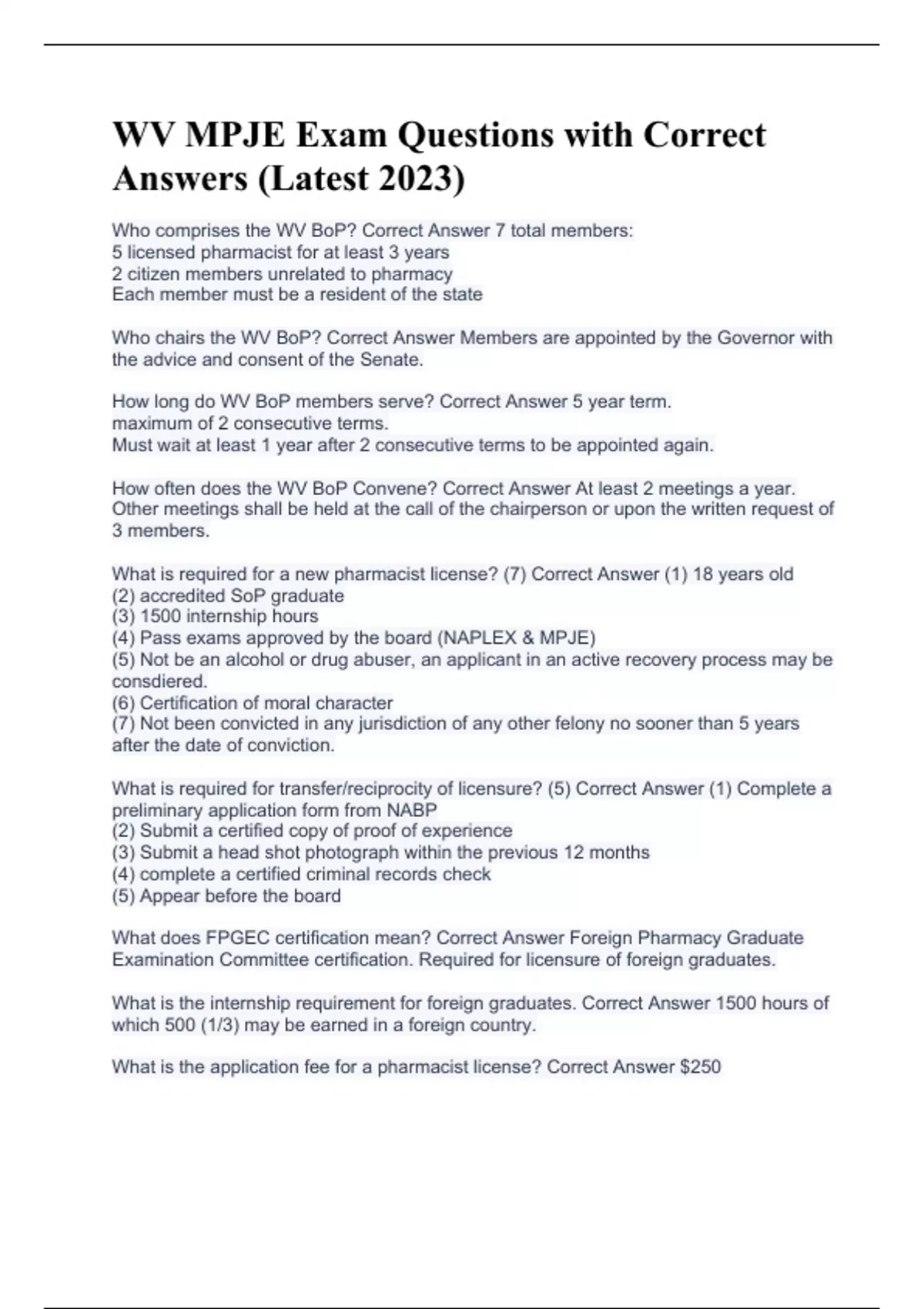 West Virginia MPJE Review (from State Statutes) Questions with Correct ...