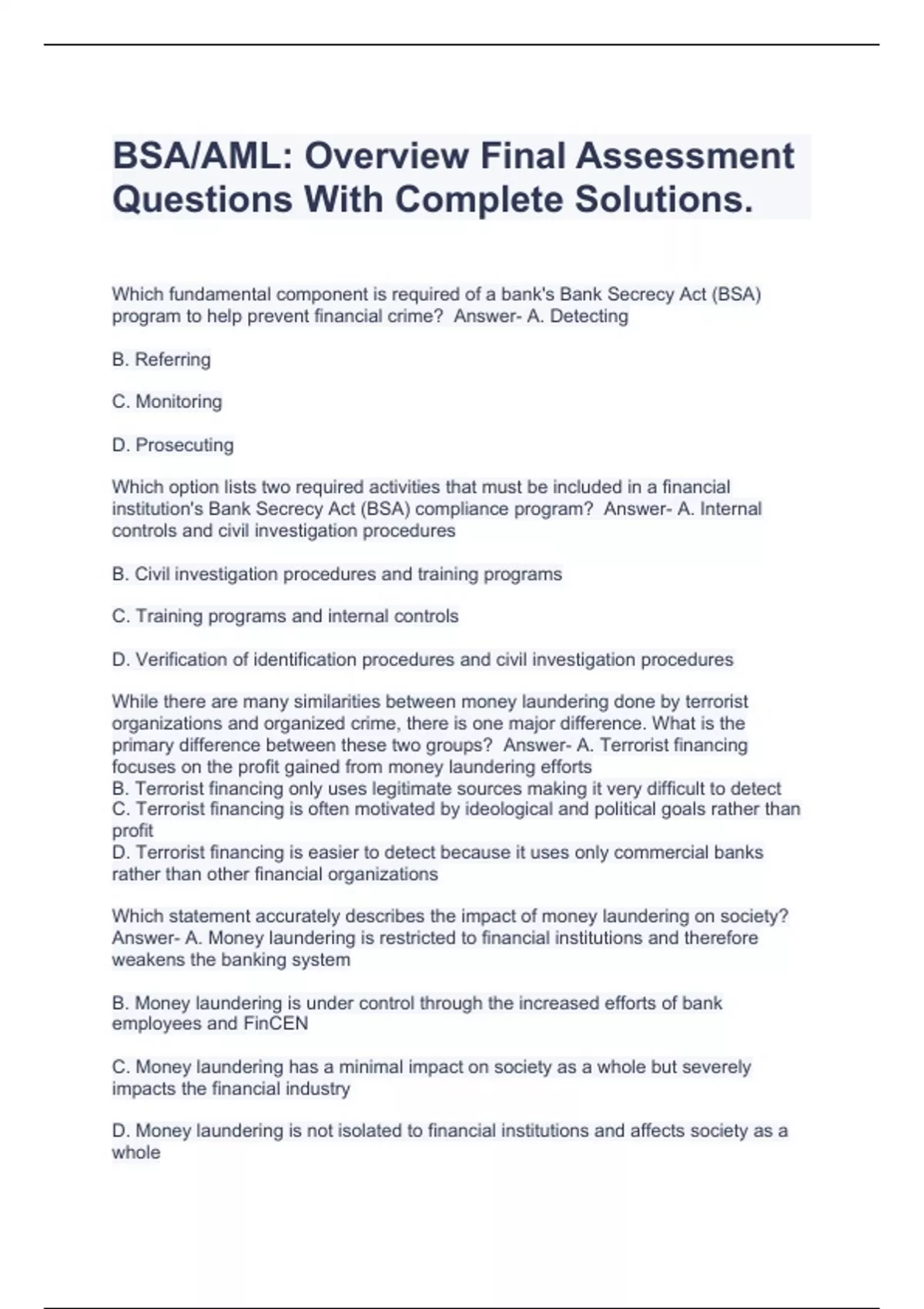 BSA/AML: Overview Final Assessment Questions With Complete Solutions ...