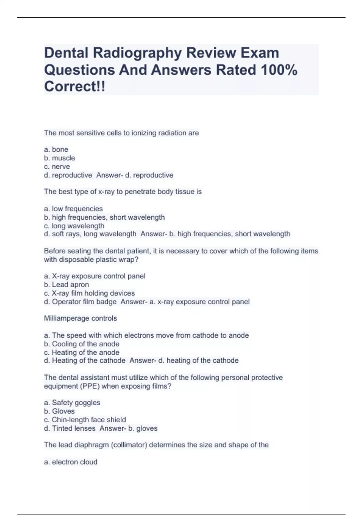 Dental Radiography Review Exam Questions And Answers Rated 100 Correct