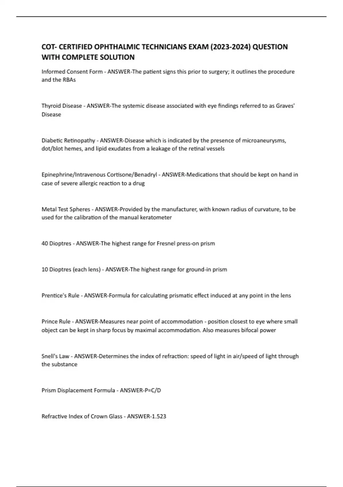 COT CERTIFIED OPHTHALMIC TECHNICIANS EXAM () QUESTION WITH COMPLETE SOLUTION COT CERTIFIED