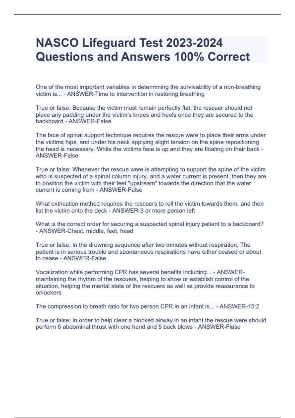 NASCO Lifeguard Test Questions and Answers 100 Correct NASCO Lifeguard Stuvia US