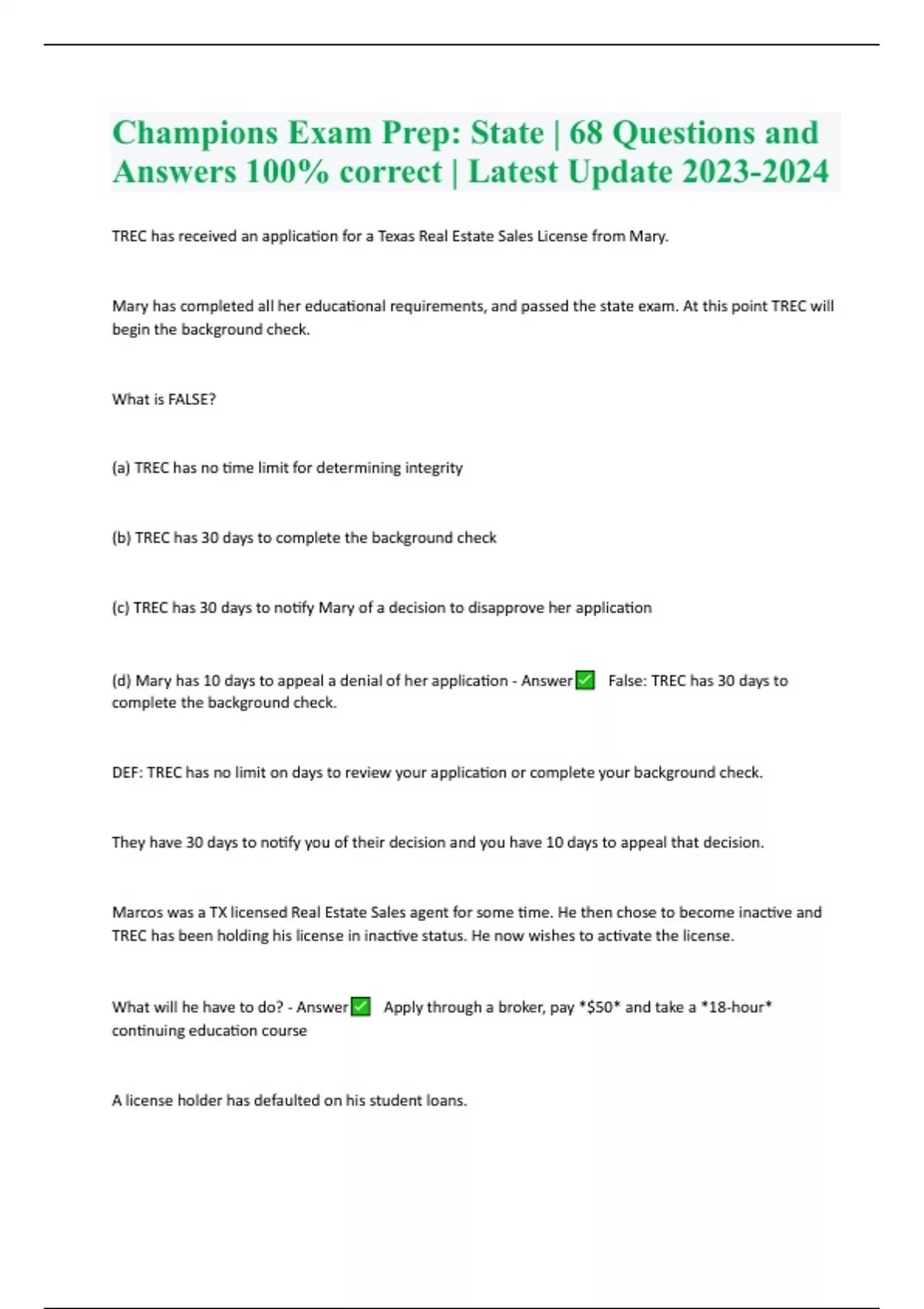 Champions Exam Prep State 68 Questions and Answers 100 correct