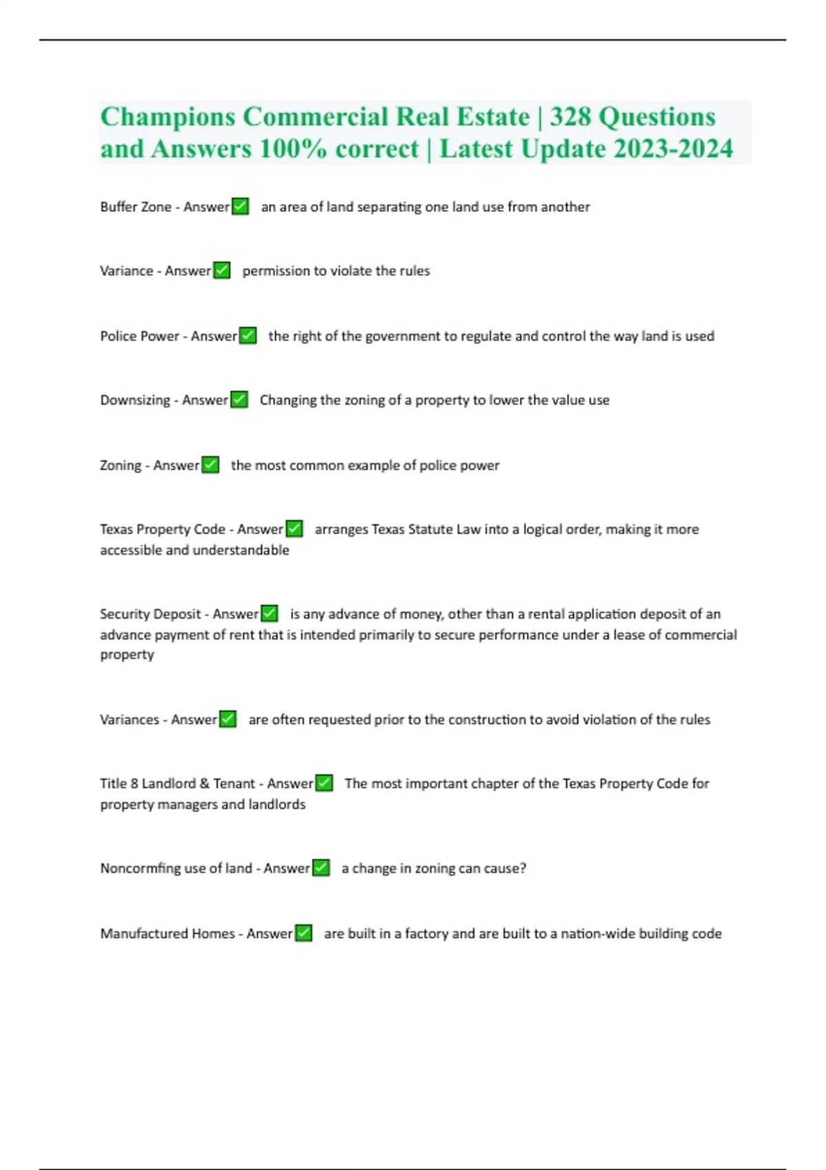 Champions Commercial Real Estate 328 Questions and Answers 100