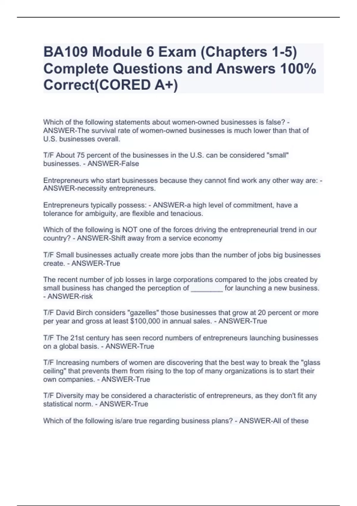 BA109 Module 6 Exam (Chapters 1-5) Complete Questions and Answers 100% ...