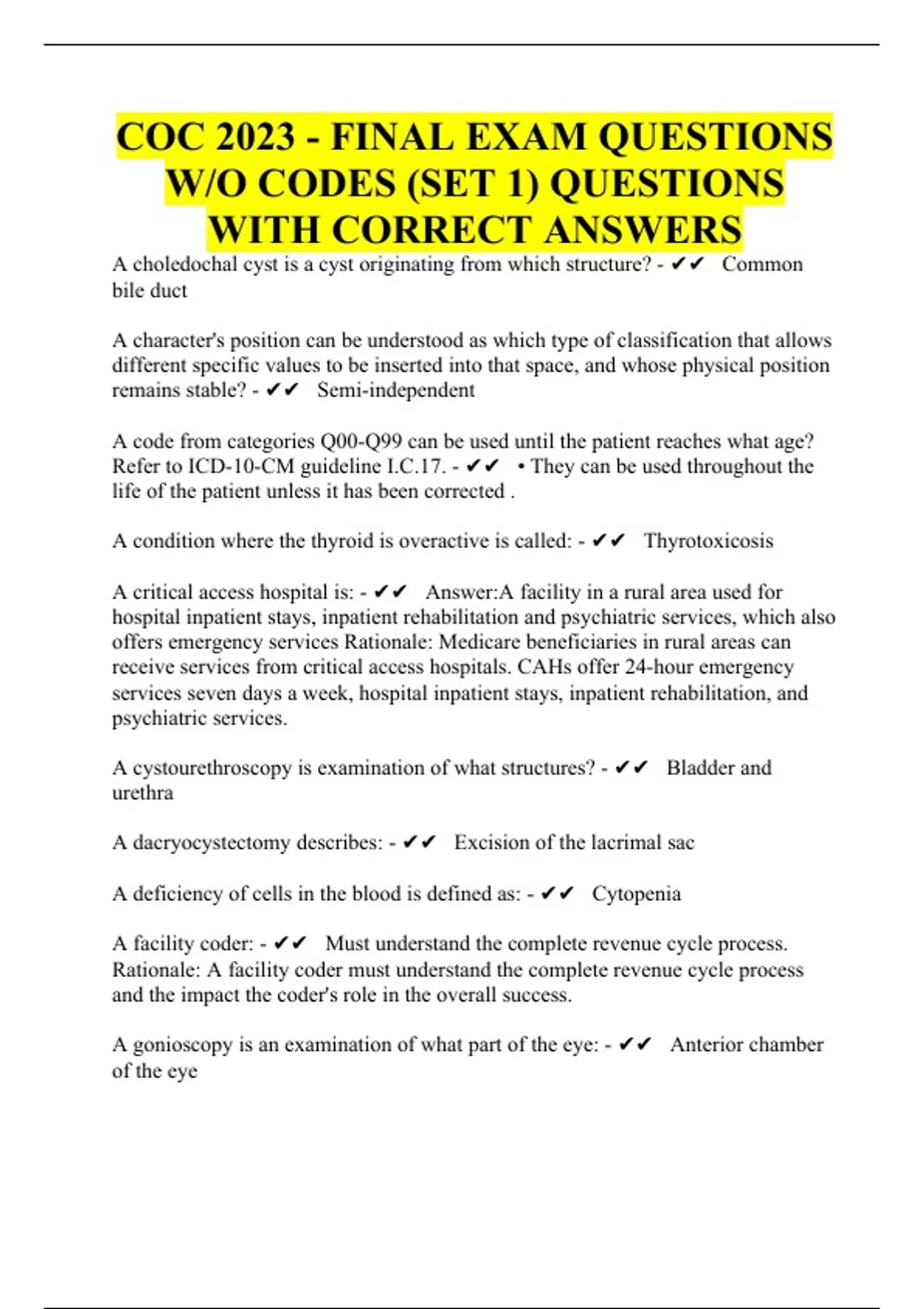 COC 2023 FINAL EXAM QUESTIONS W/O CODES (SET 1) QUESTIONS WITH