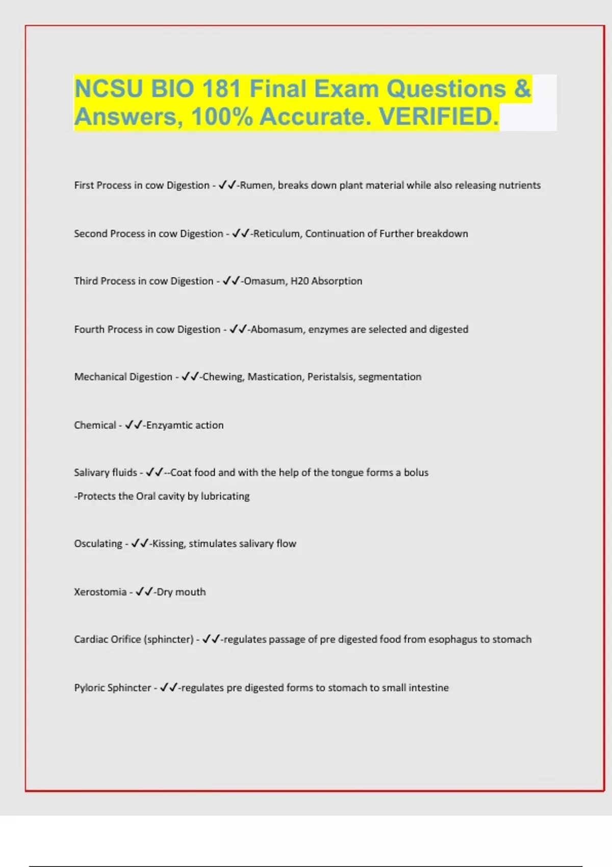 NCSU BIO 181 Final Exam Questions & Answers, 100 Accurate. VERIFIED. BIO 181 Stuvia US