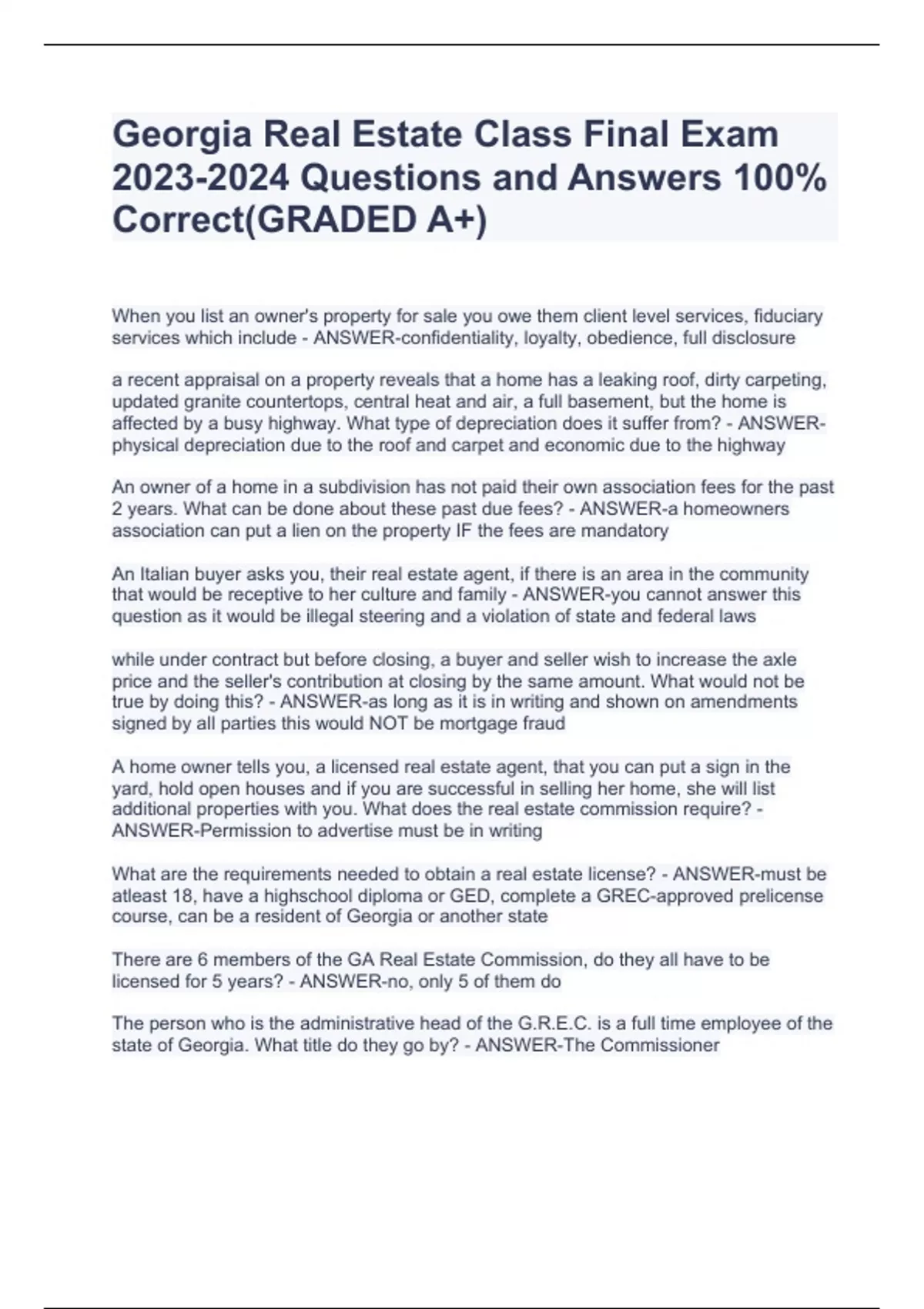 Real Estate Class Final Exam Questions and Answers 100 Correct(GRADED A+)