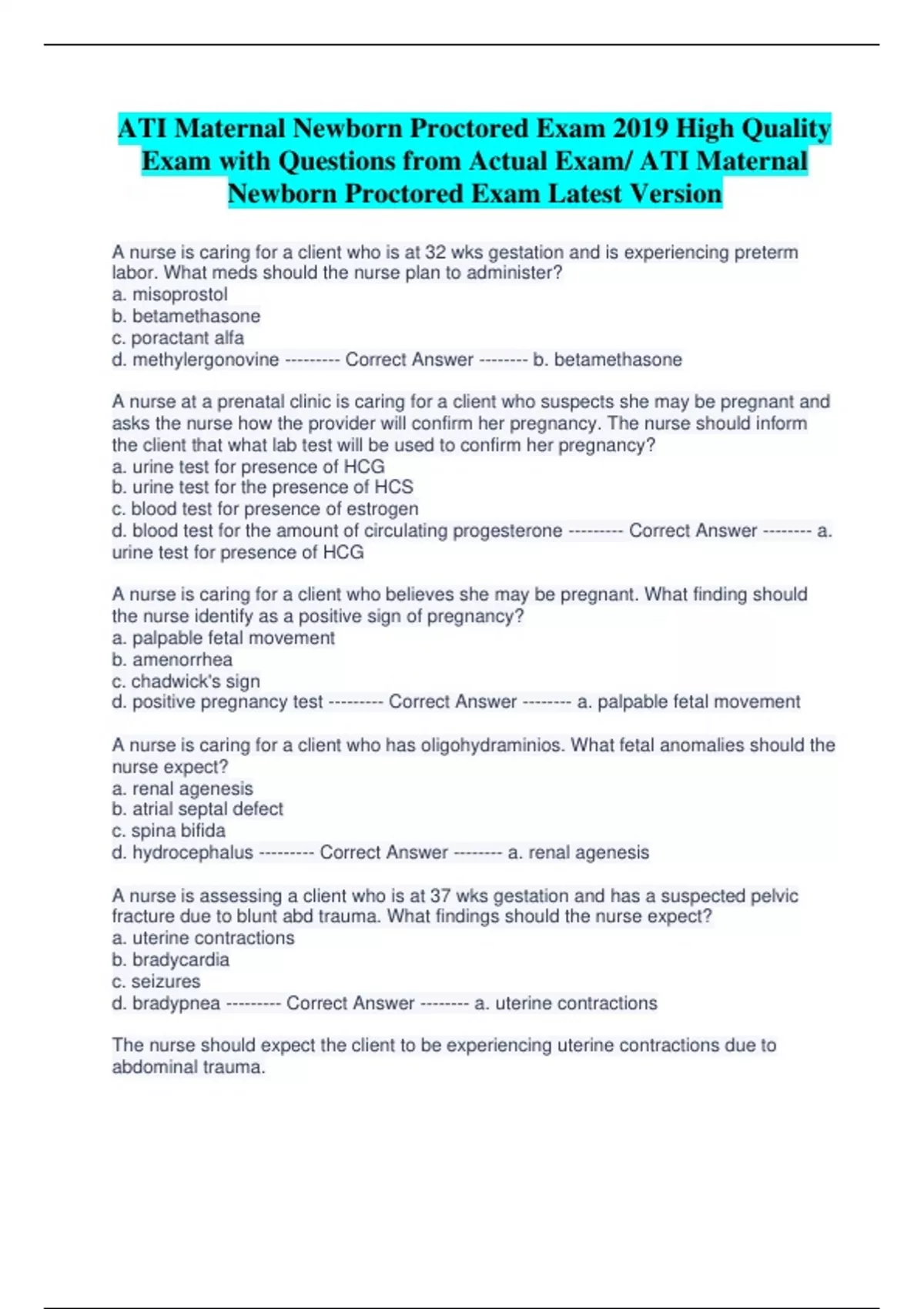 ATI Maternal Newborn Proctored Exam 2019 High Quality Exam with