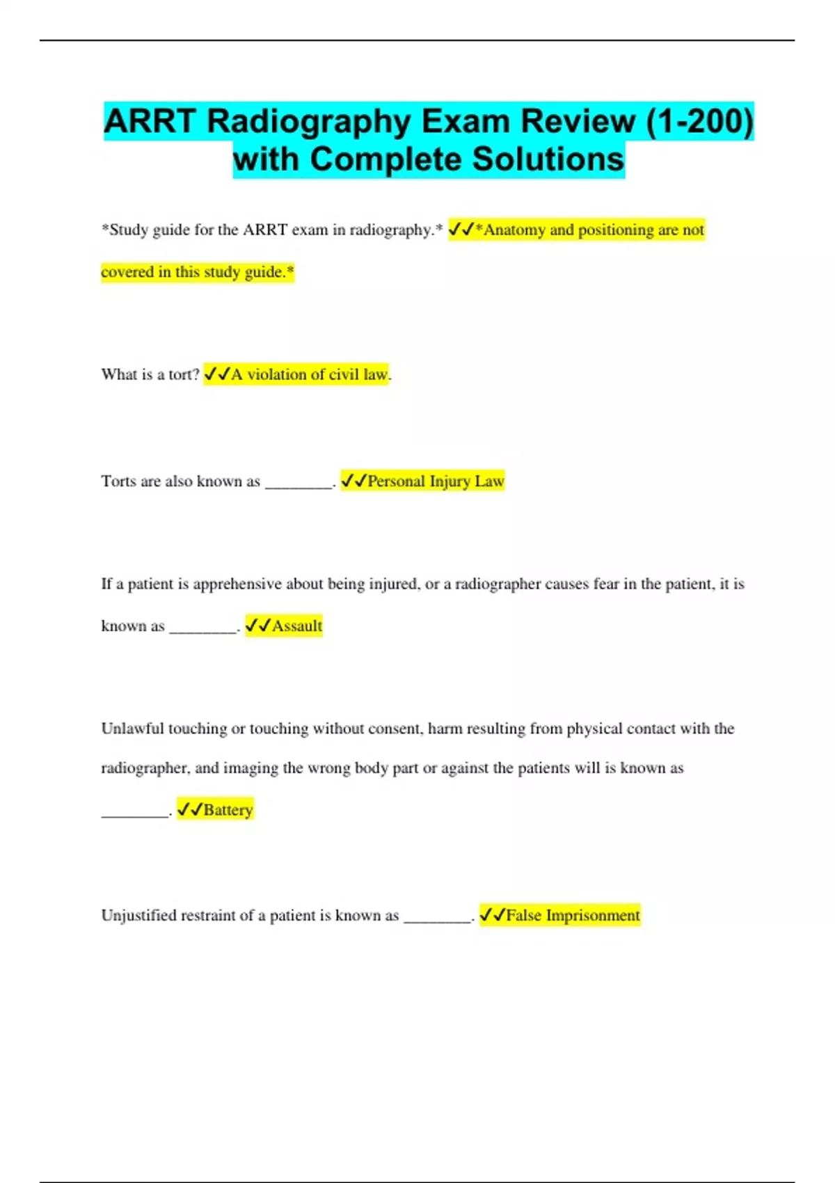 ARRT Radiography Exam Review (1200) with Complete Solutions RATED A+