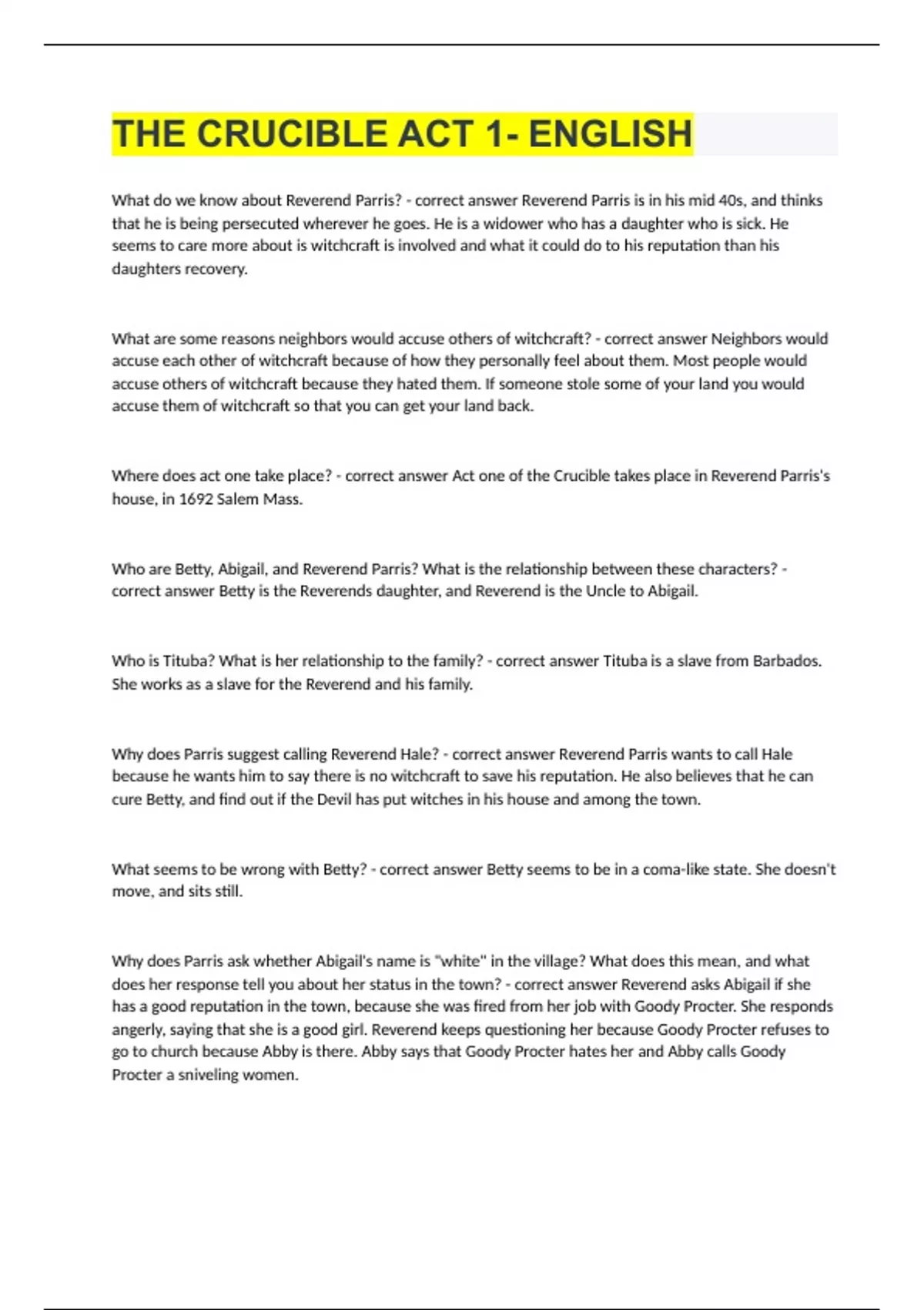 THE CRUCIBLE ACT 1 ENGLISH 2023/24 THE CRUCIBLE Stuvia US