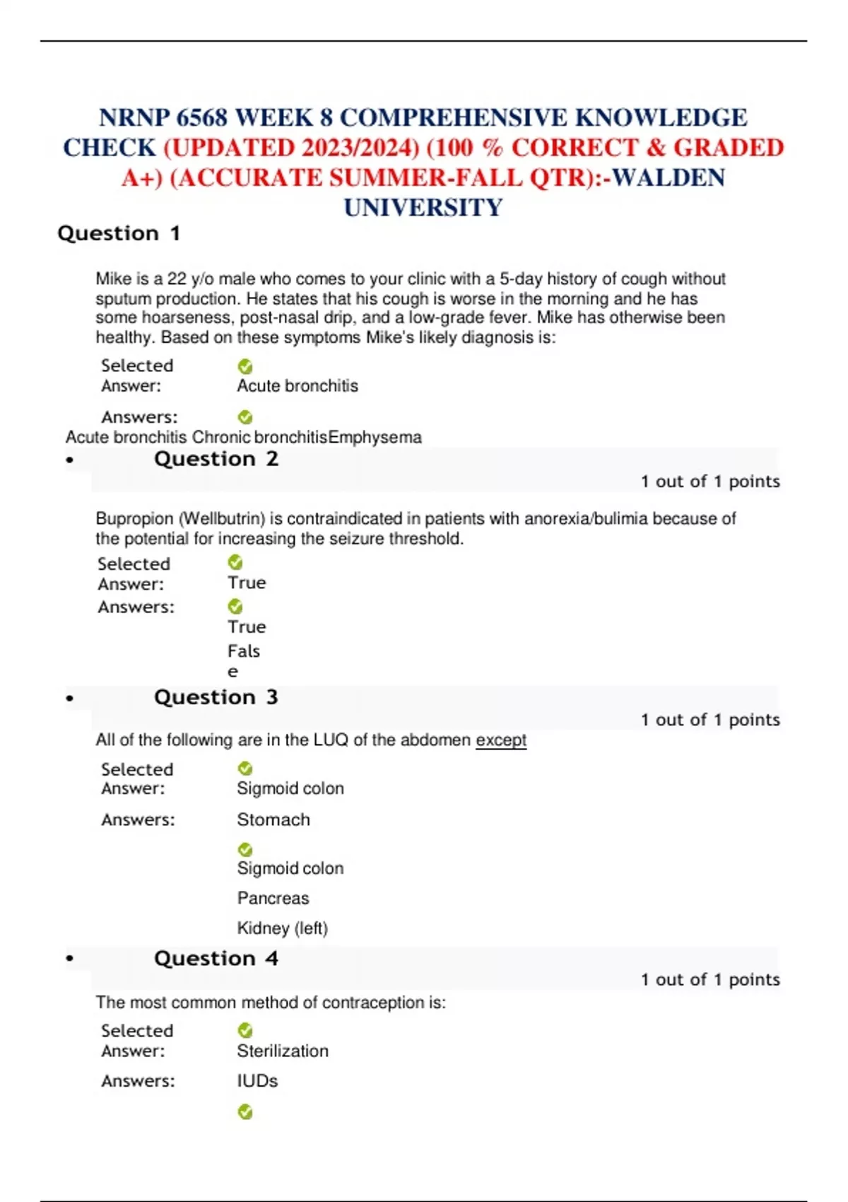 NRNP 6568 WEEK 8 COMPREHENSIVE KNOWLEDGE CHECK (UPDATED 2023/2024) (100 ...