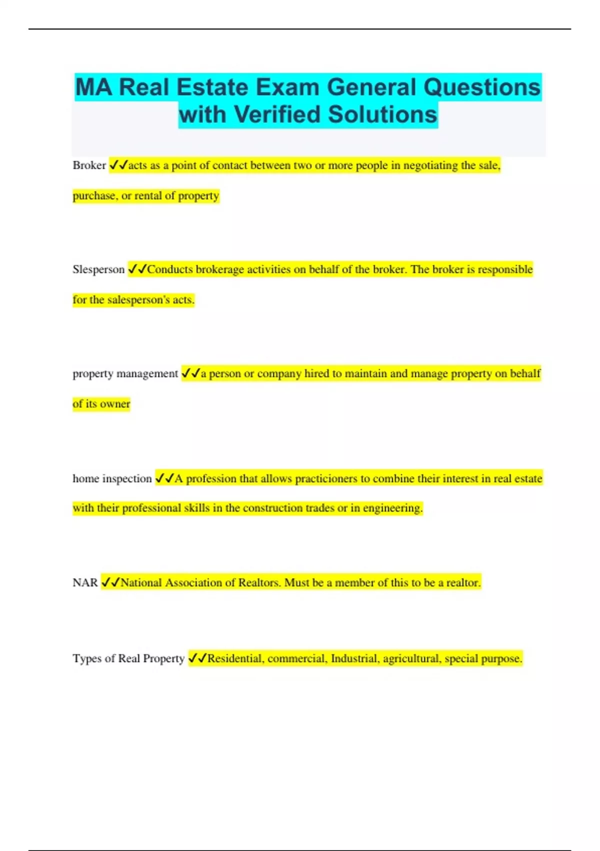 MA Real Estate Exam General Questions with updated solutions rated A+