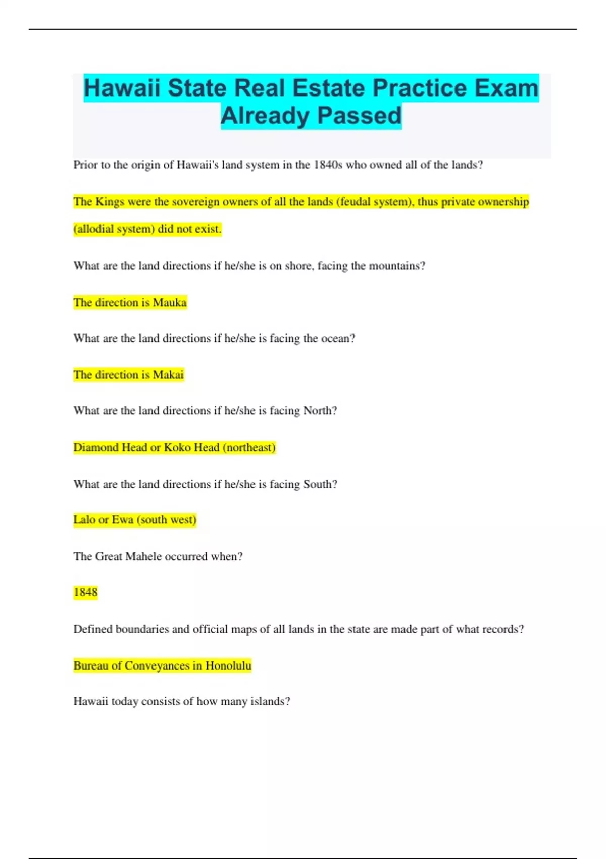 Hawaii State Real Estate Practice Exam RATED A+ 20232024 LATEST UPDATE Hawaii State Real