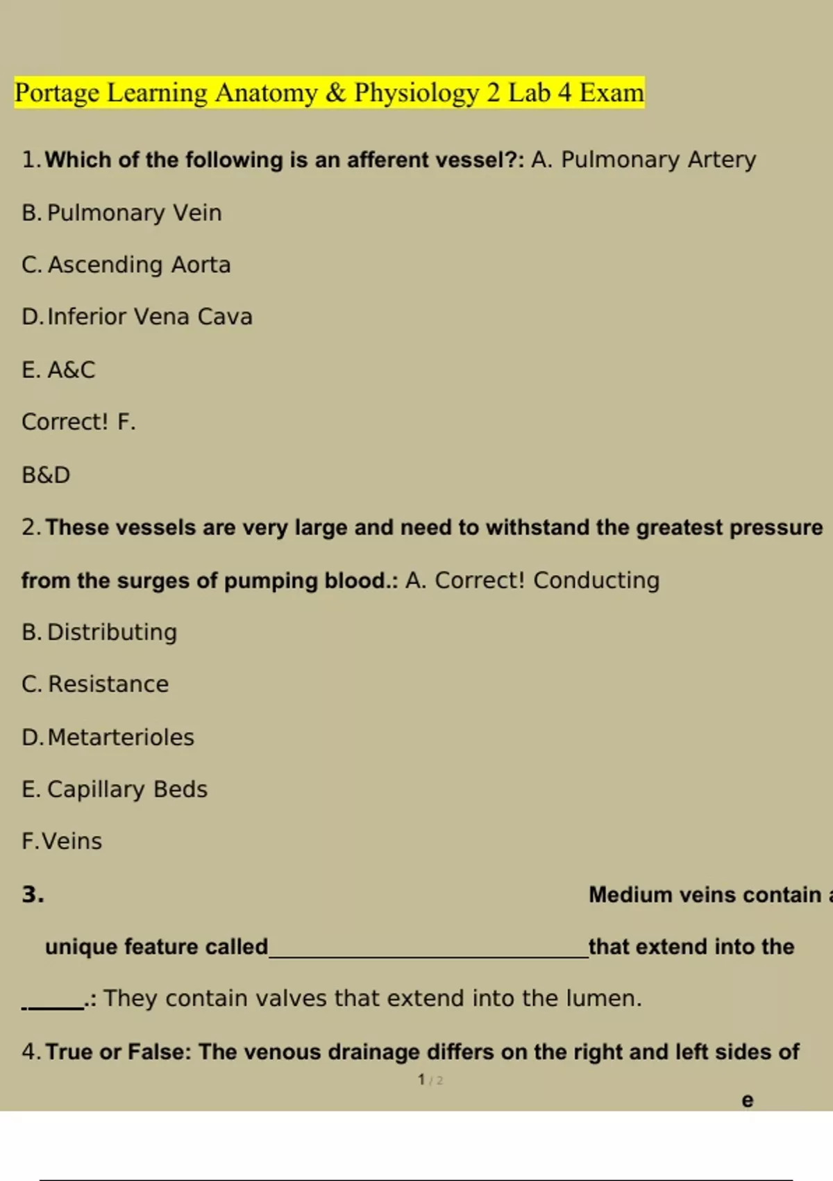 BIOD 152/A & P 2 Lab 4 Exam Portage Learning Questions and Answers ...