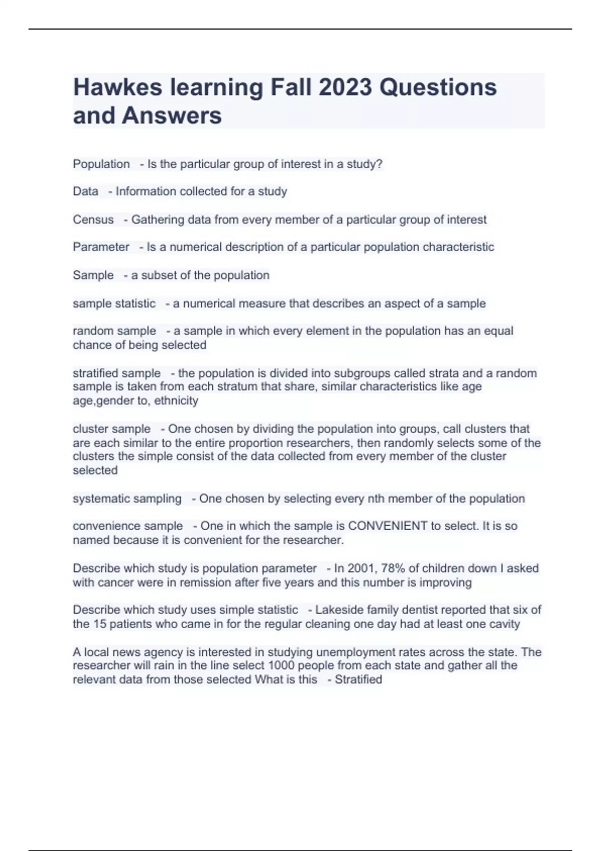 Hawkes learning Fall 2023 Questions and Answers Hawkes Learning