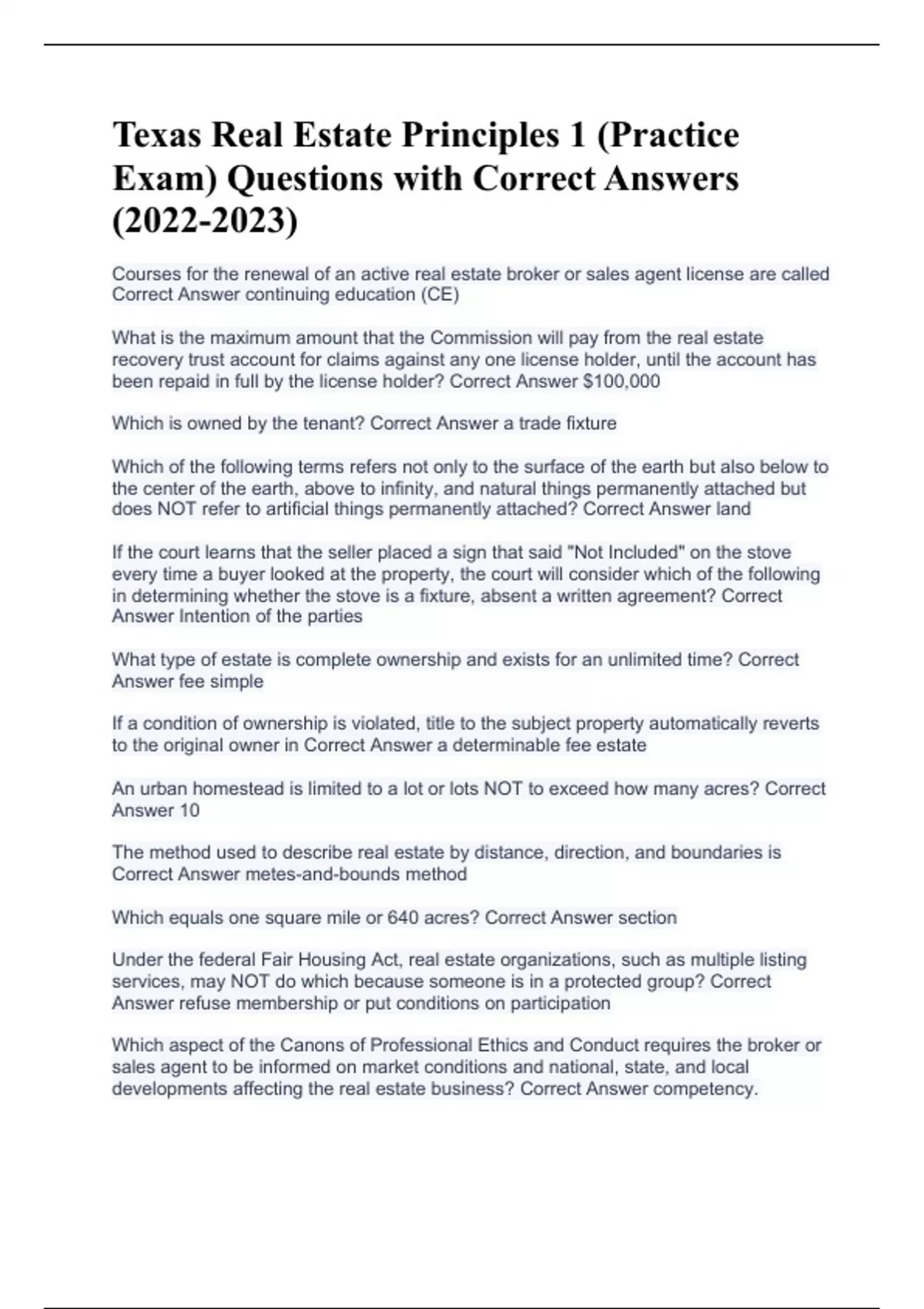 Texas Real Estate Principles 1 (Practice Exam) Questions with Correct