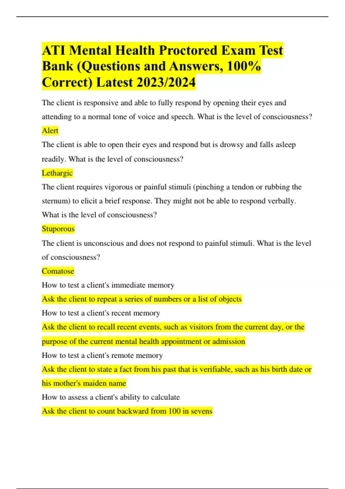 ATI Mental Health Proctored Exam Test Bank (Questions and Answers, 100%