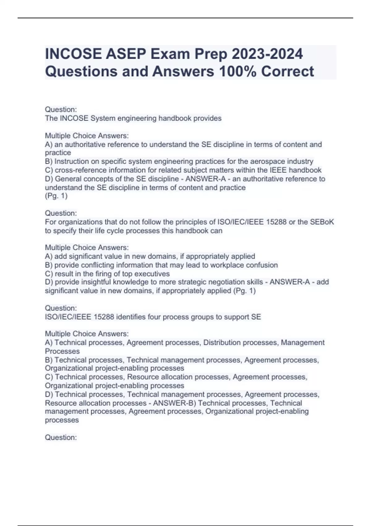 INCOSE ASEP Exam Prep Questions and Answers 100 Correct INCOSE ASEP