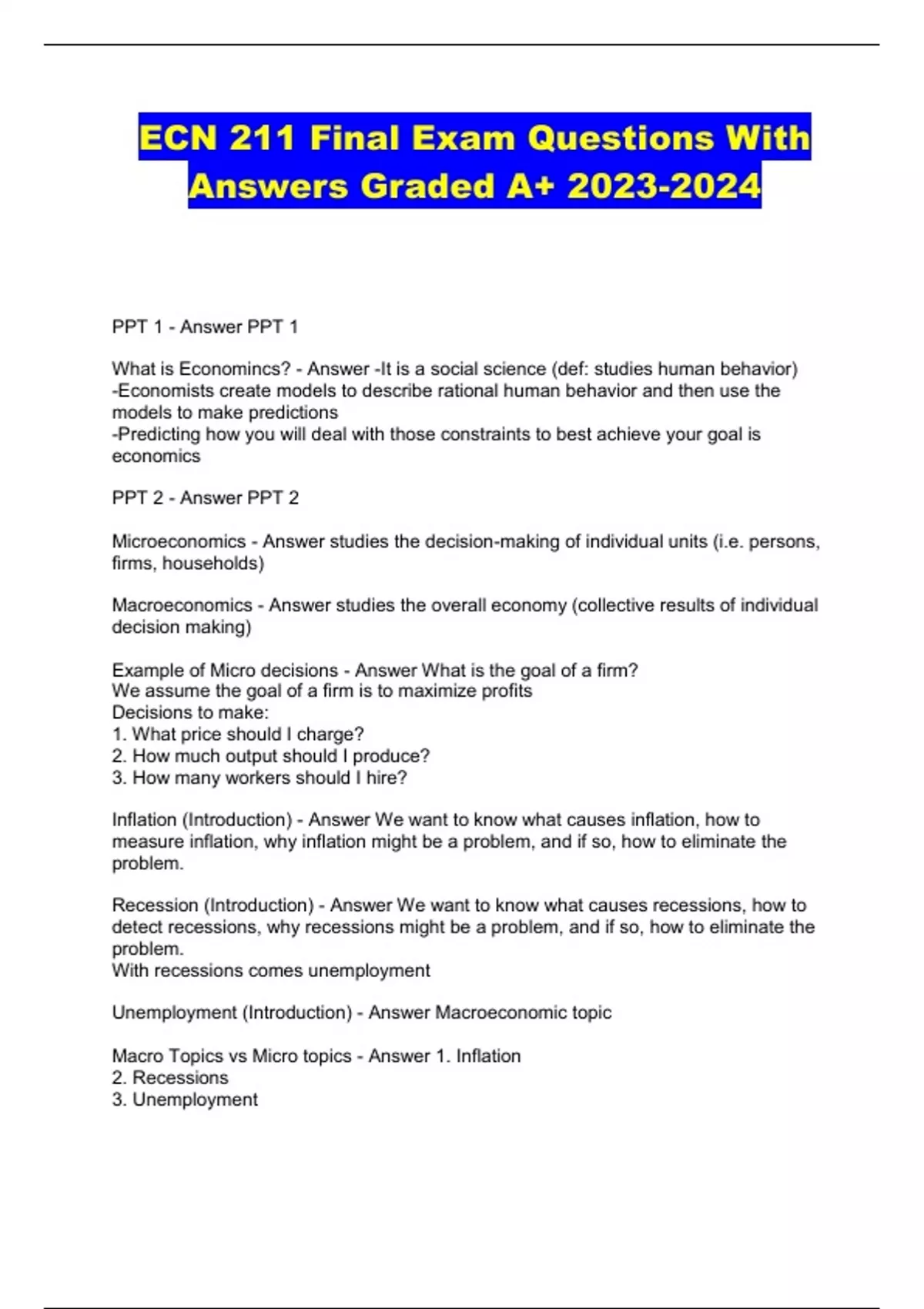 ECN 211 Final Exam Questions With Answers Graded A+ - ECN 211 - Stuvia US