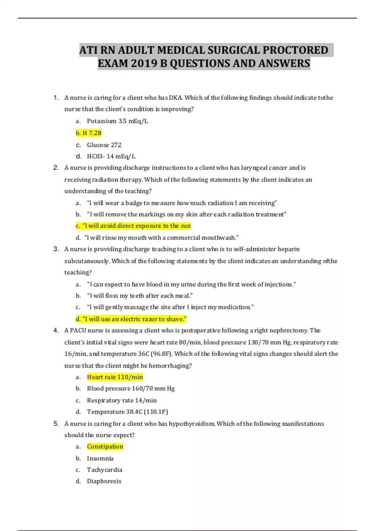 ATI RN ADULT MEDICAL SURGICAL PROCTORED EXAM 2019 B QUESTIONS AND ...