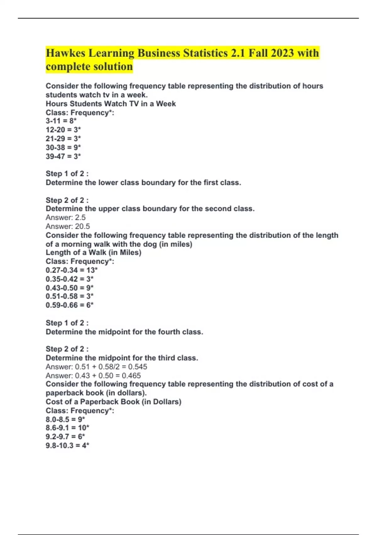 Hawkes Learning Business Statistics 2.1 Fall 2023 with complete