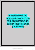 logo Sell your study documents Upload documents Describe documents Publish Earn ADVANCED PRACTICE NURSING ESSENTIALS FOR ROLE DEVELOPMENT 4TH EDITION JOEL TEST BANK &lbrace;RATIONALIZED QUESTIONS AND ANSWERS