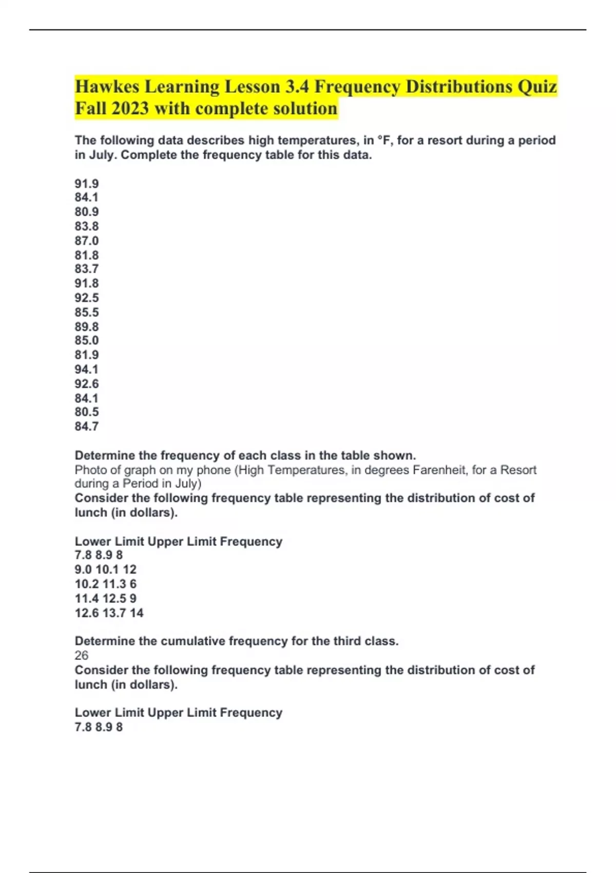 Hawkes Learning Lesson 3.4 Frequency Distributions Quiz Fall 2023 with