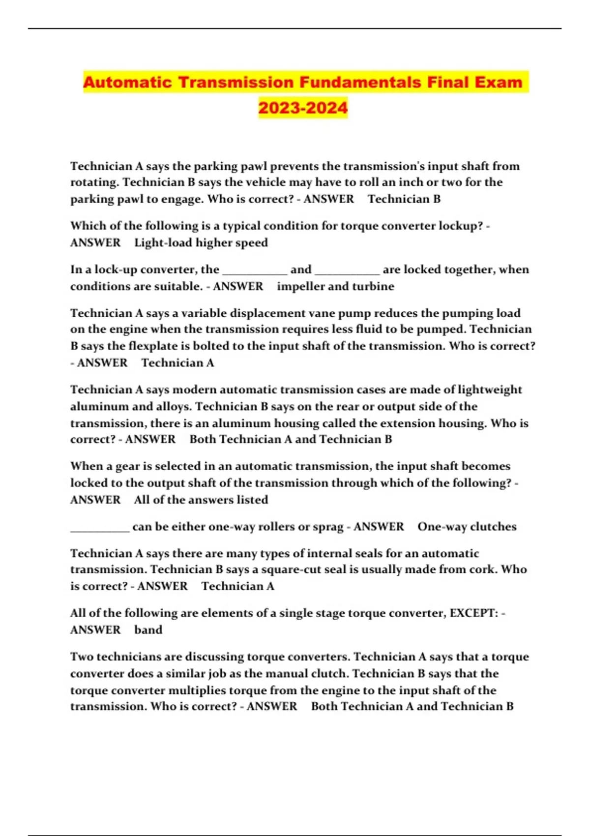 Automatic Transmission Fundamentals Final Exam Automatic Transmission