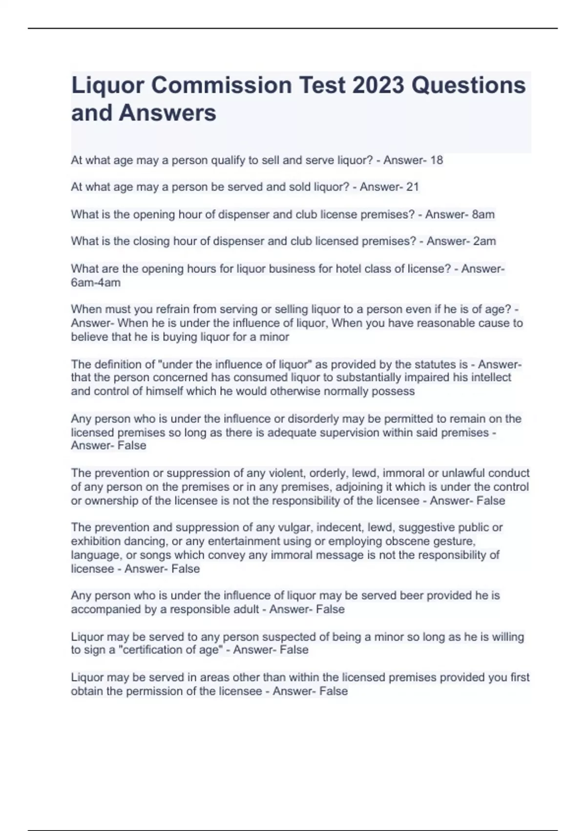 Liquor Commission Test 2023 Questions and Answers Liquor Stuvia US
