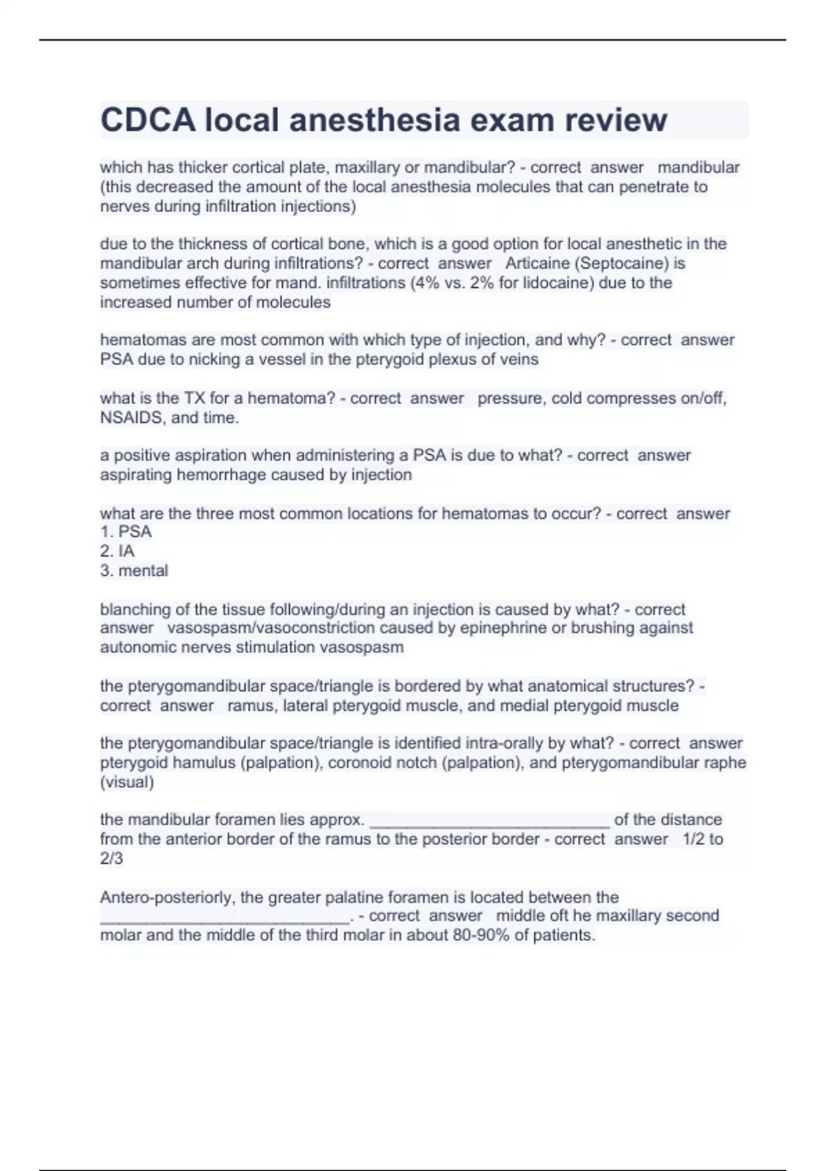 CDCA local anesthesia exam review Questions with complete solution 2023