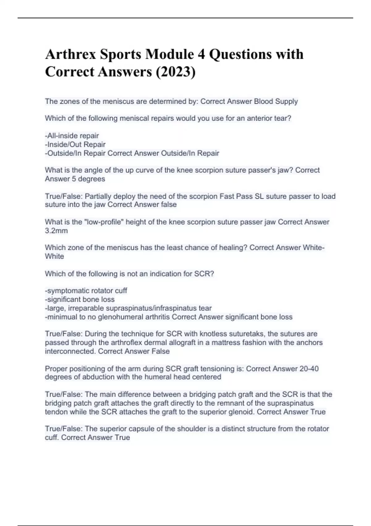 Arthrex Sports Module 4 Questions with Correct Answers (2023) Arthrex