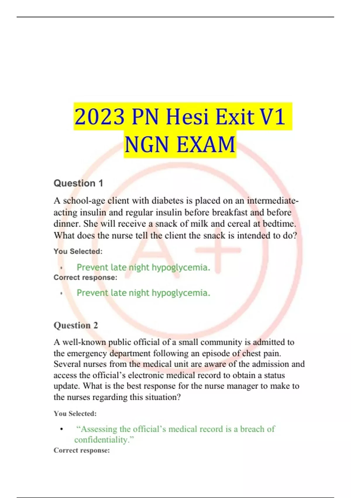 2024/ 2025 PN Hesi Exit V1 NGN EXAM LATEST EXAM MARKED A+ QUESTIONS AND ...
