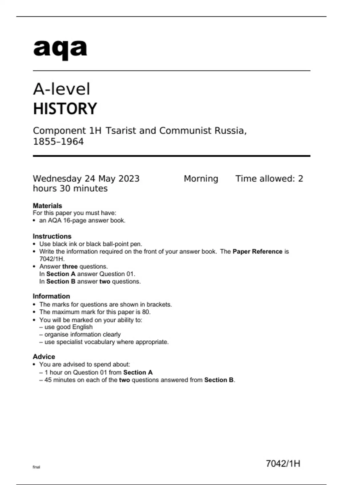 Aqa A level History 7042/1H Question Paper May2023 - A level History QP ...