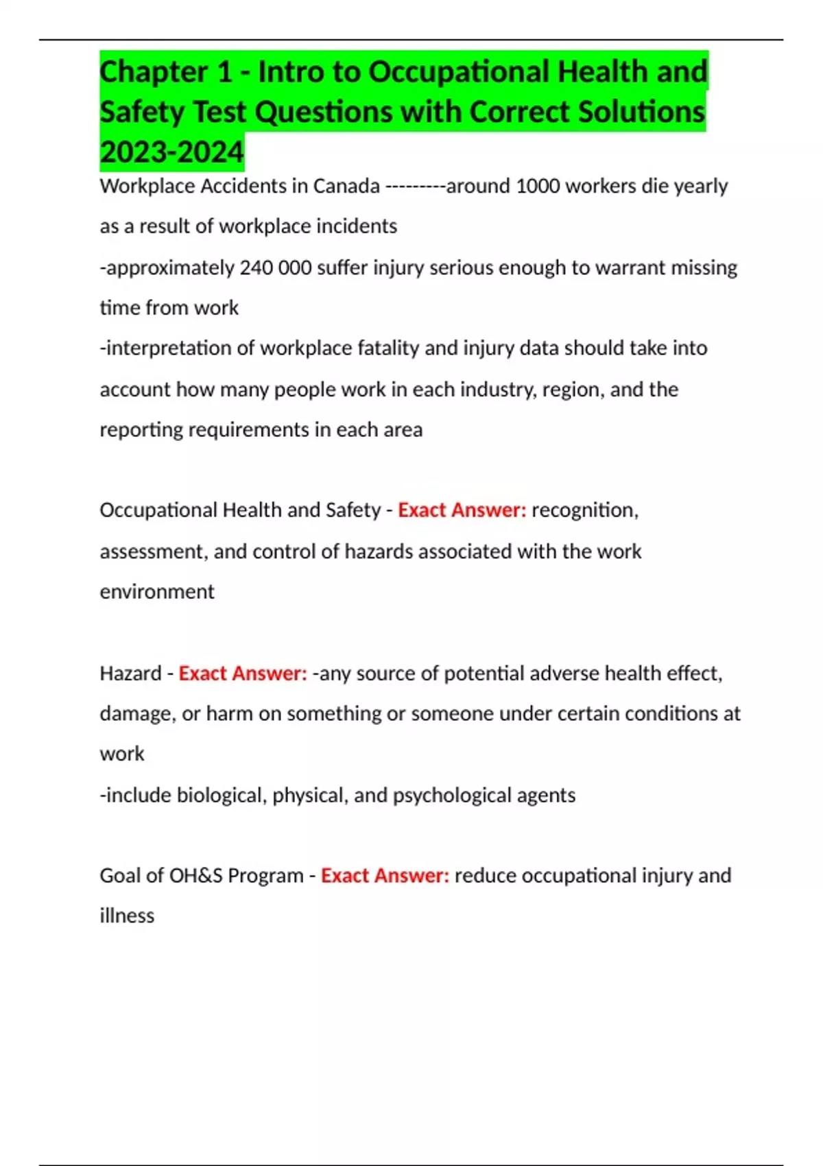 Chapter 1 Intro to Occupational Health and Safety Test Questions with