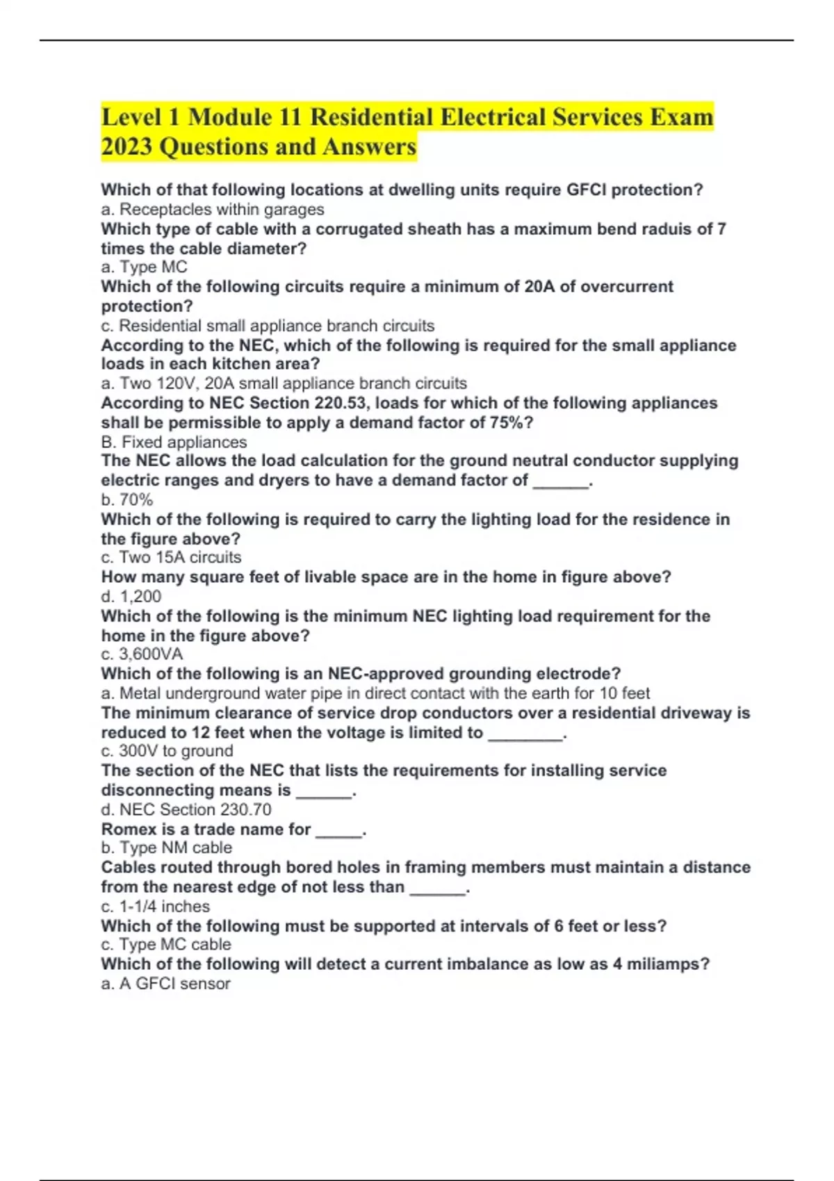Level 1 Module 11 Residential Electrical Services Exam 2023 Questions