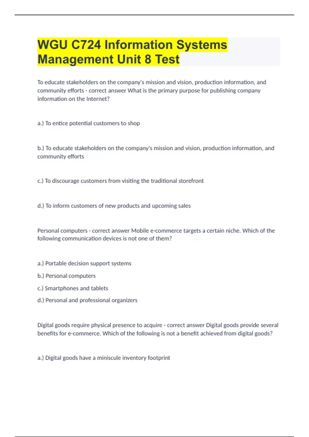 WGU C724 Information Systems Management Unit 8 Test 2023/24 with ...