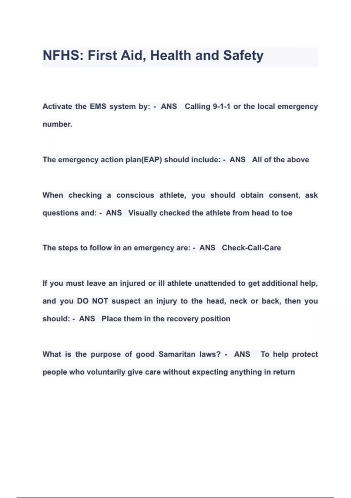 NFHS First Aid, Health and Safety QUESTIONS & ANSWERS 2023 ( A+ GRADED 100 VERIFIED) Nfhs