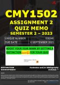 CMY1502 ASSIGNMENT 2 QUIZ MEMO - SEMESTER 2 - 2023 - UNISA - DUE DATE: - 6 SEPTEMBER 2023 (100% PASS - GUARANTEED)