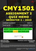 CMY1501 ASSIGNMENT 2 QUIZ MEMO - SEMESTER 2 - 2023 - UNISA - DUE DATE: - 31 AUGUST 2023 (100% PASS - GUARANTEED)