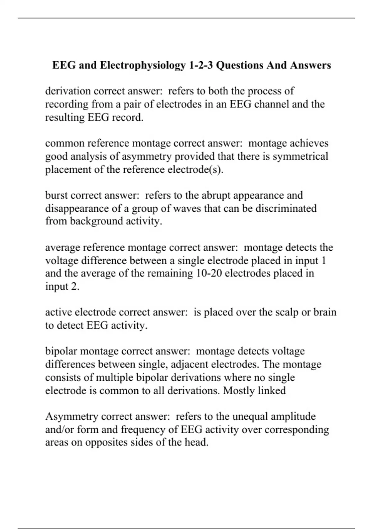 EEG and Electrophysiology 123 Questions And Answers EEG Stuvia UK