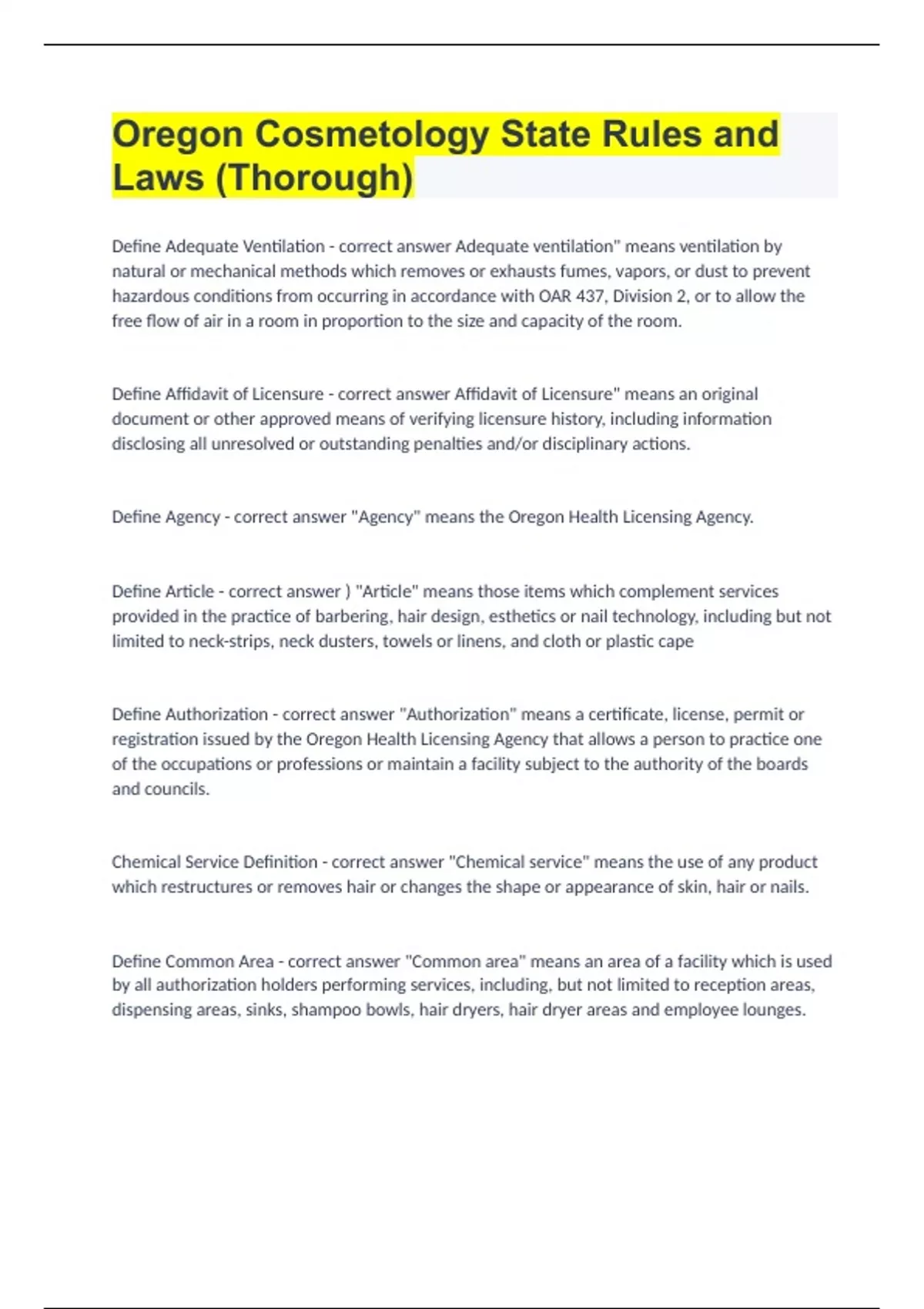 Oregon LawCosmetology 2023 update with solutions Oregon Barber