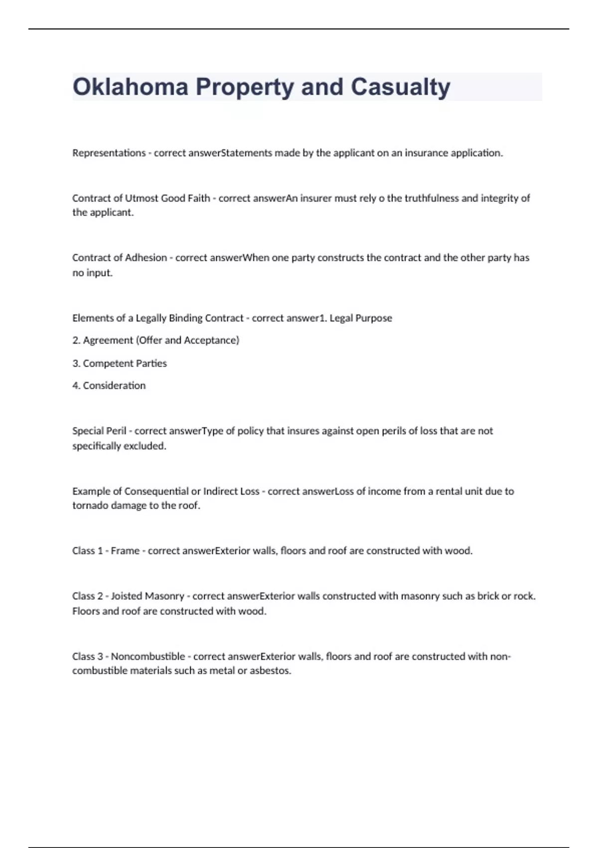 Oklahoma Property and Casualty exam 2023 with 100 correct answers