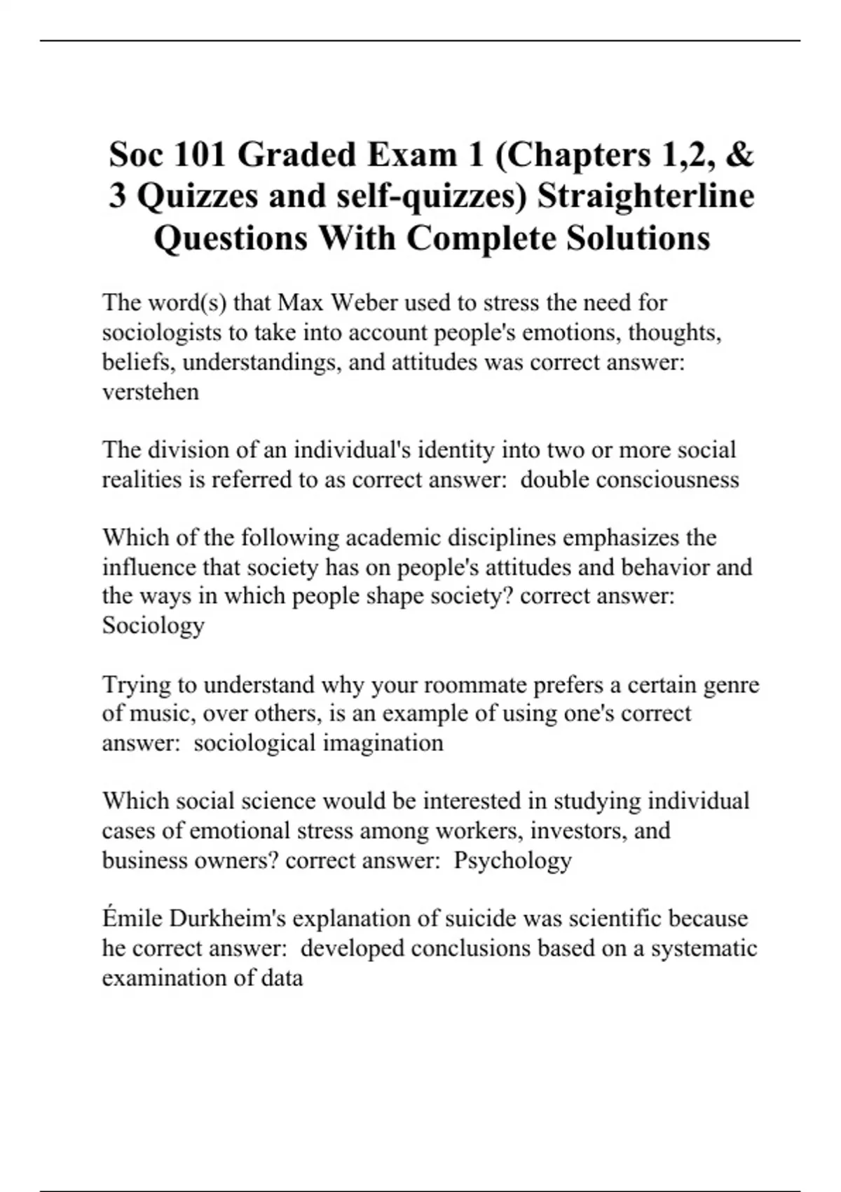 Soc 101 Graded Exam 1 (Chapters 1,2, & 3 Quizzes and self-quizzes ...