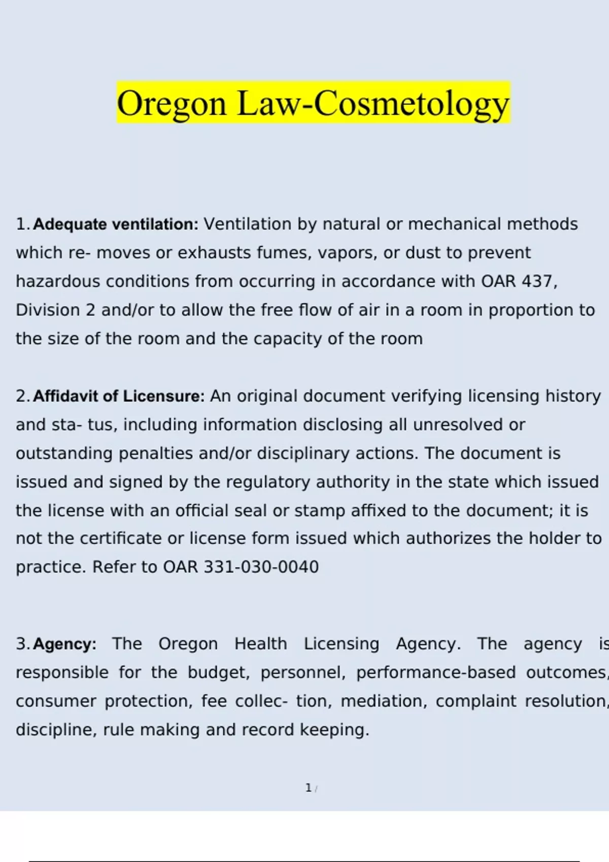 Summary Oregon Law Cosmetology (2023 / 2024) (Verified) Oregon
