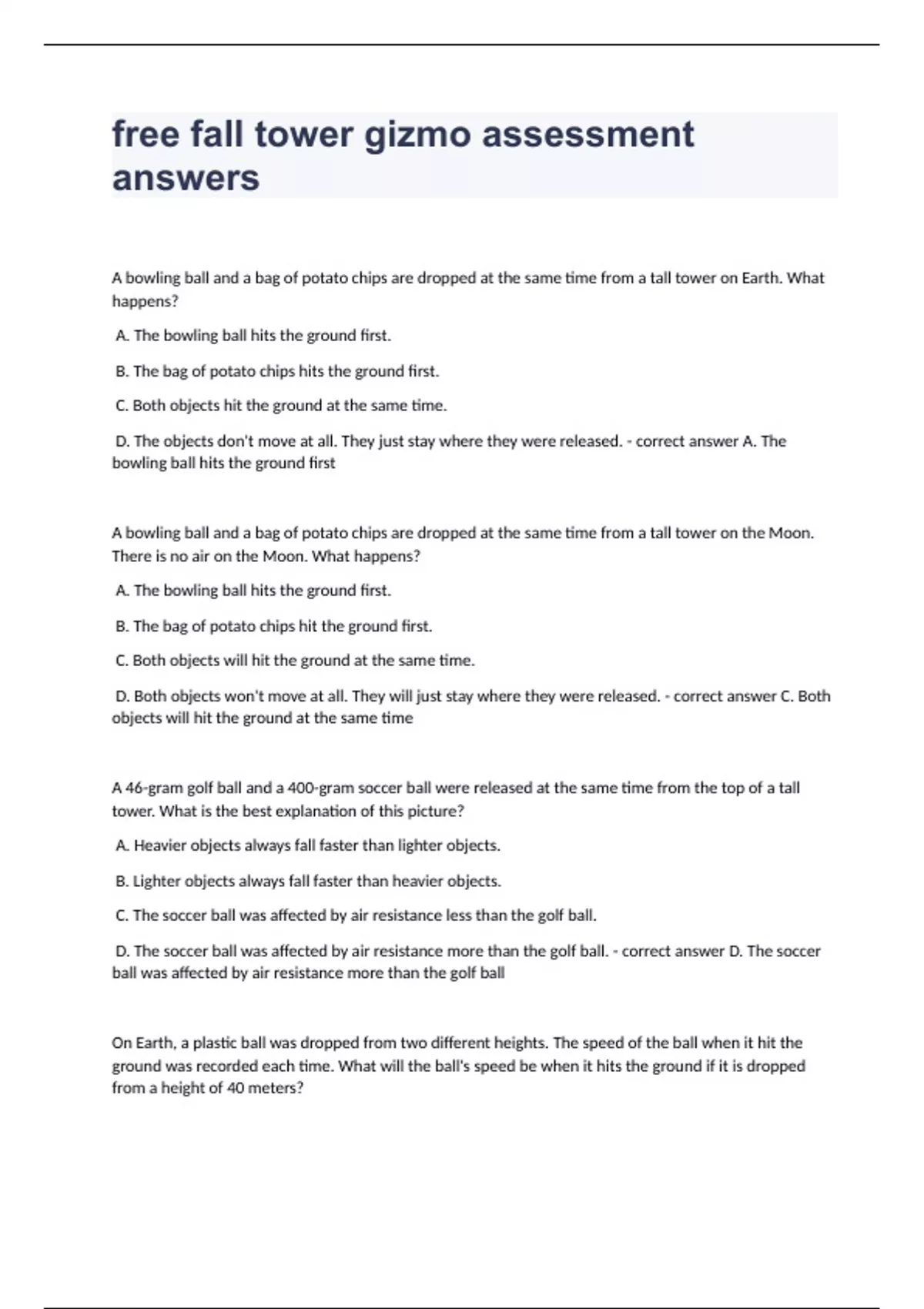 free fall tower gizmo assessment questions and verified correct answers ...