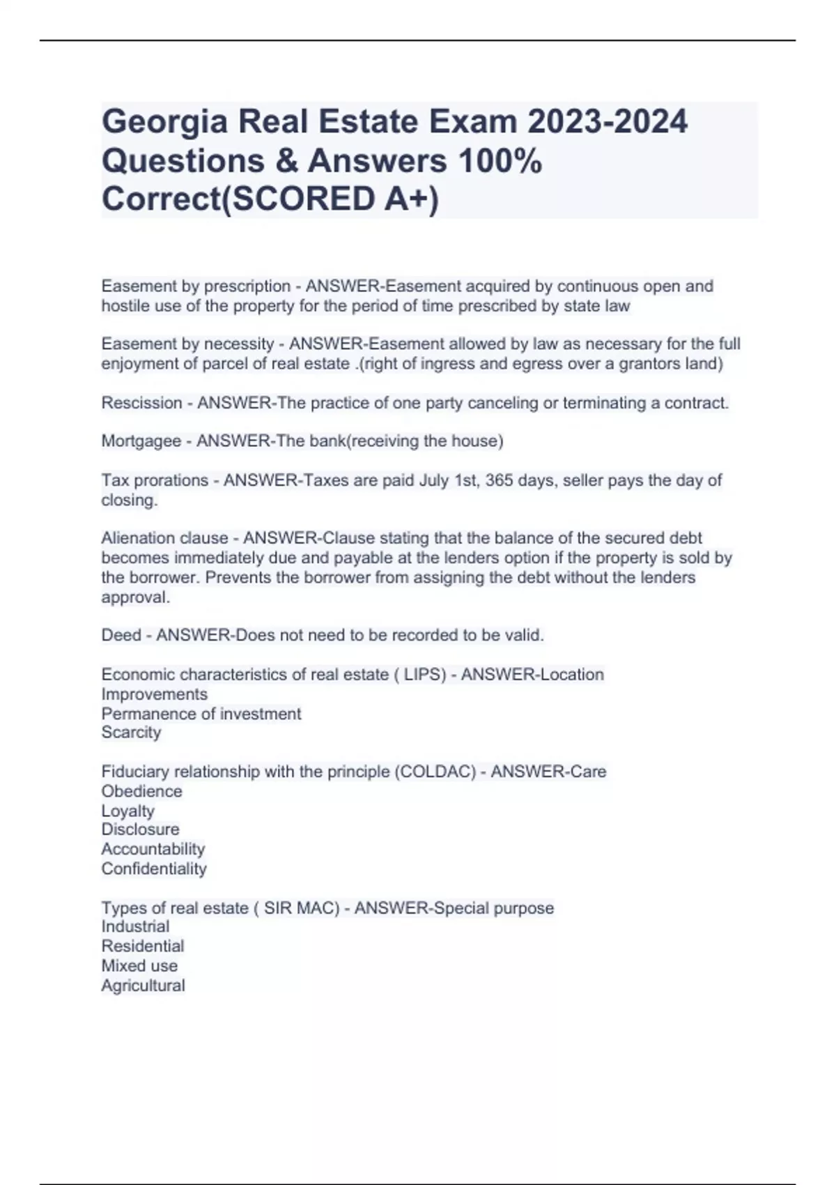 Real Estate Exam Questions & Answers 100 Correct(SCORED A+) Real Estate