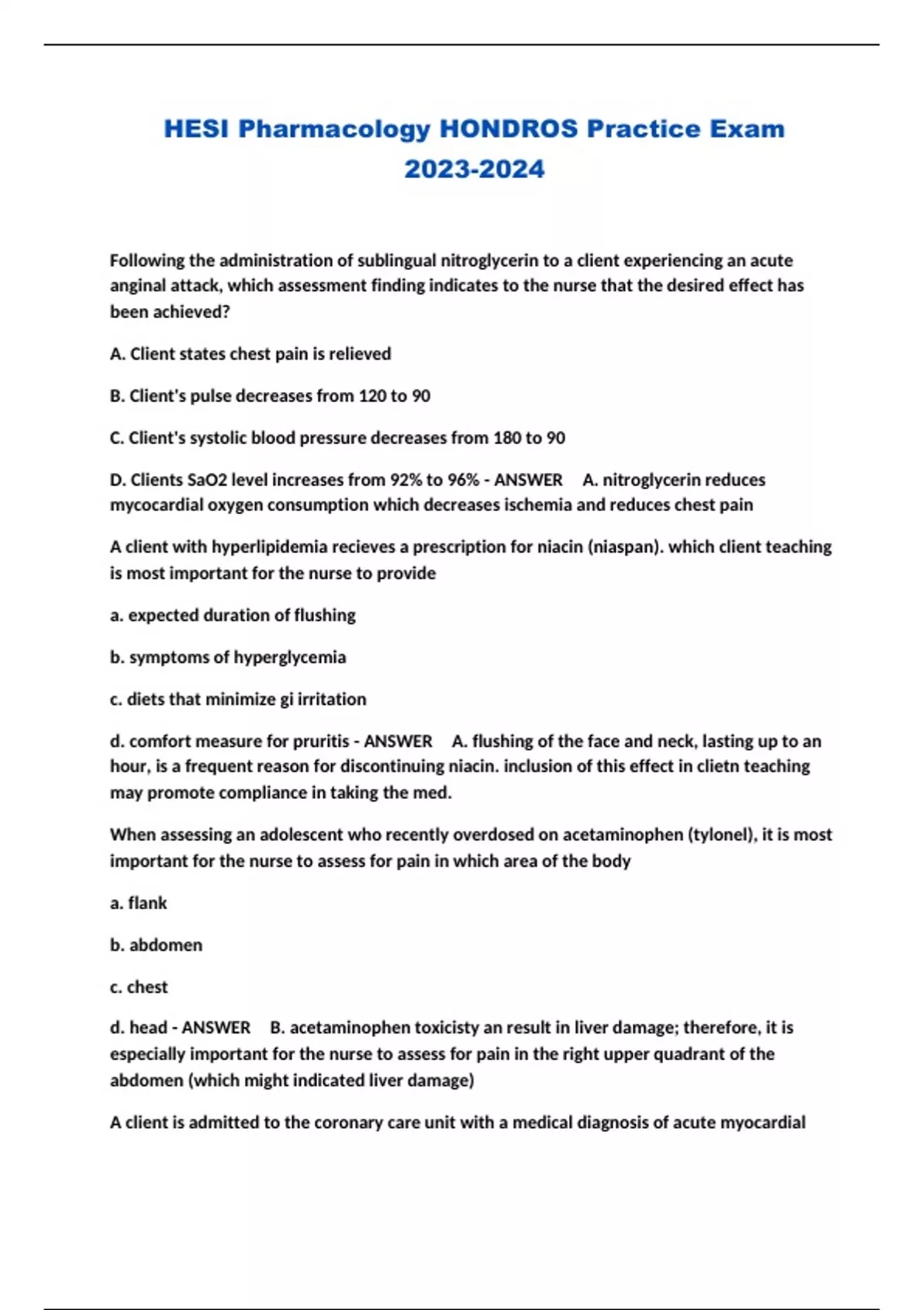 HESI Pharmacology HONDROS Practice Exam - HESI Pharmacology HONDROS - Stuvia US