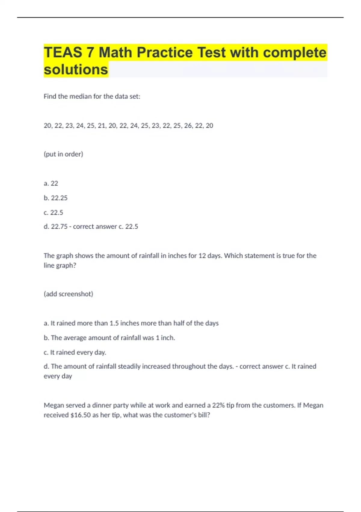 TEAS 7 Math Practice Test with complete solutions - TEAS MATH - Stuvia US
