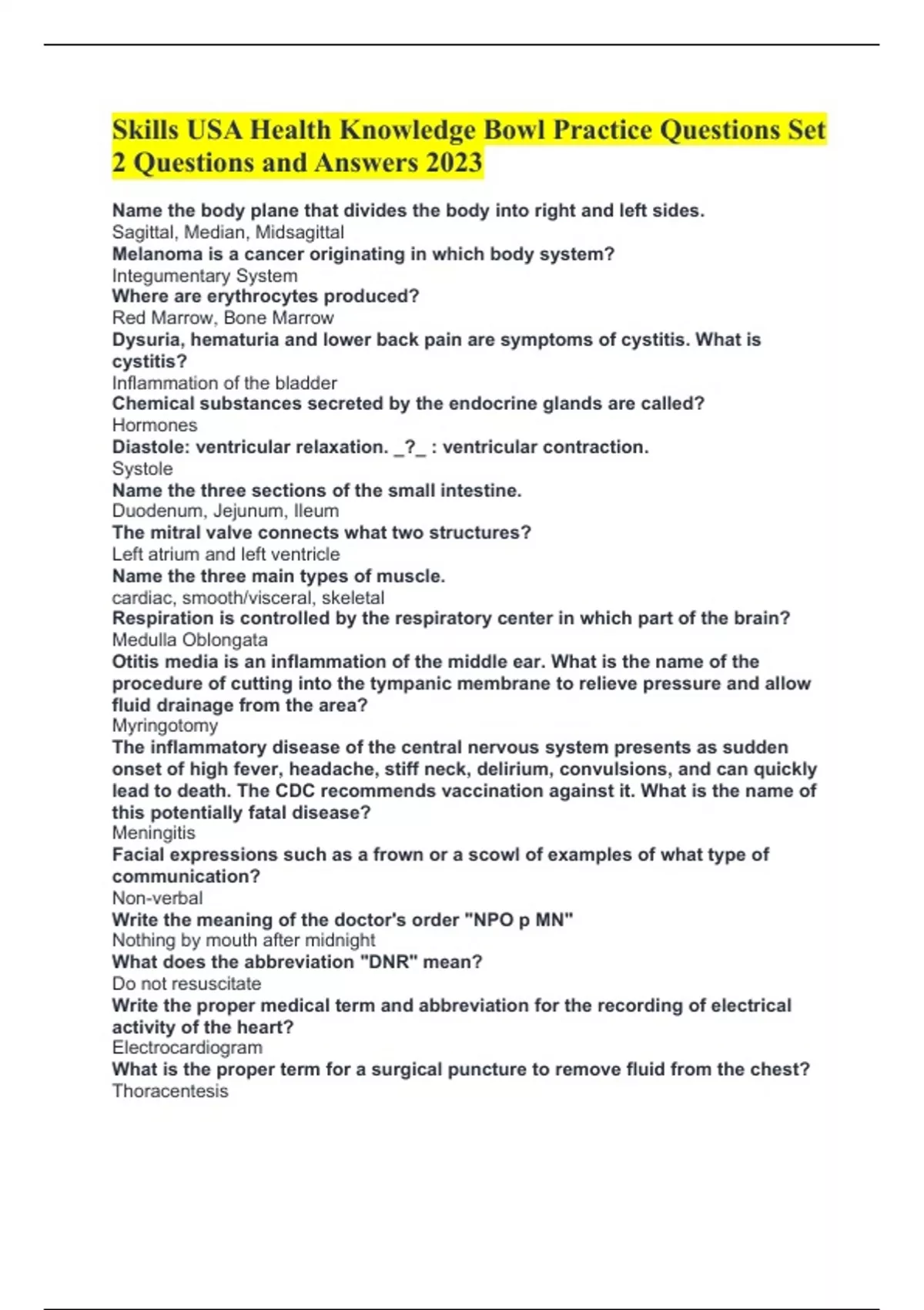 Skills USA Health Knowledge Bowl Practice Questions Set 2 Questions and